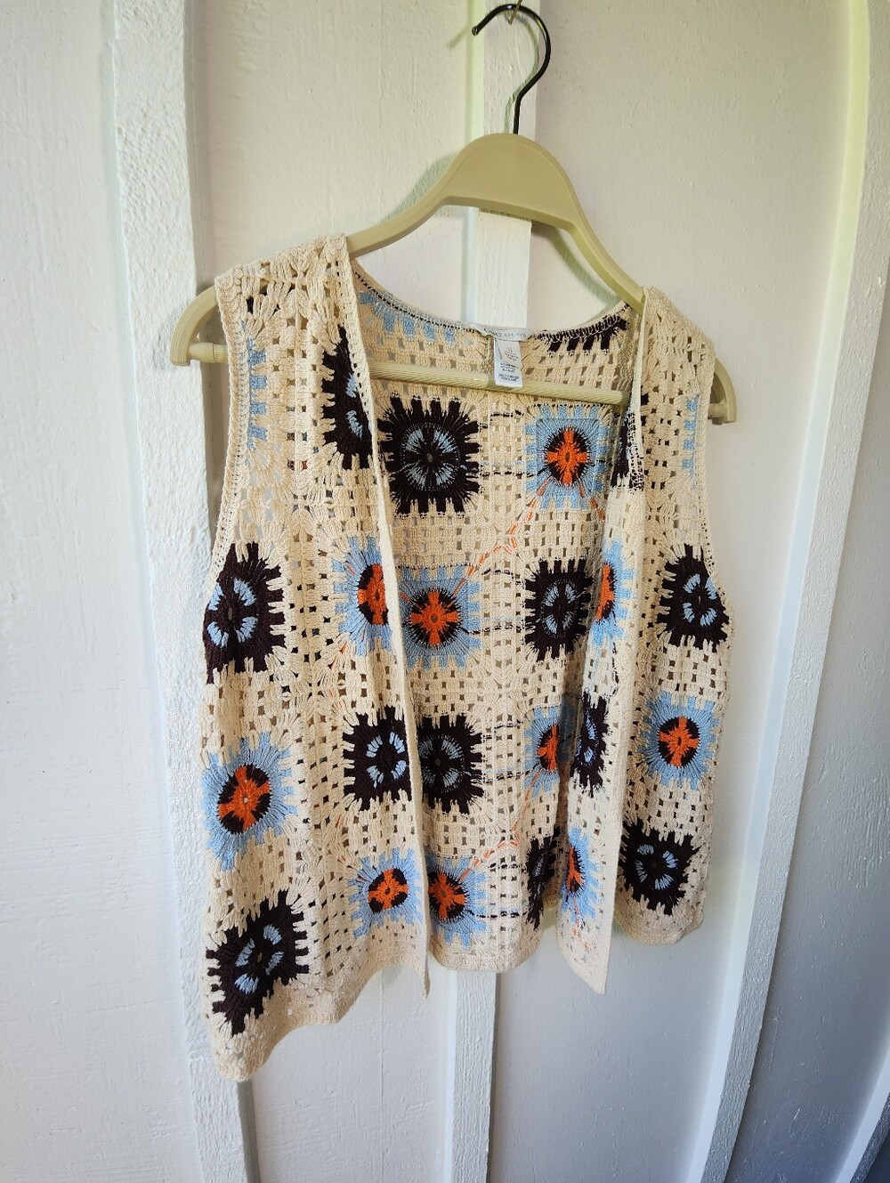 Cato Crochet Granny Square Vest Beige Retro Boho Size Small